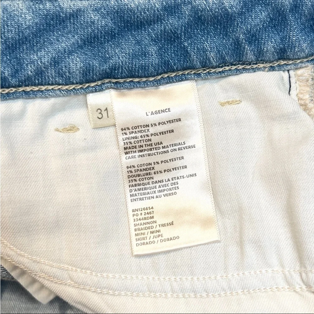 NWT L'AGENCE 90s Braided High Waist Distressed Stretch Denim Mini Jean Skirt‎ 31